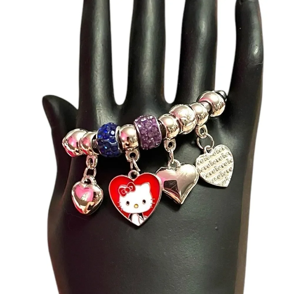 Hello Kitty Hearts Blue And Purple Rhinestone Silver Tone Kids’ Charm Br…